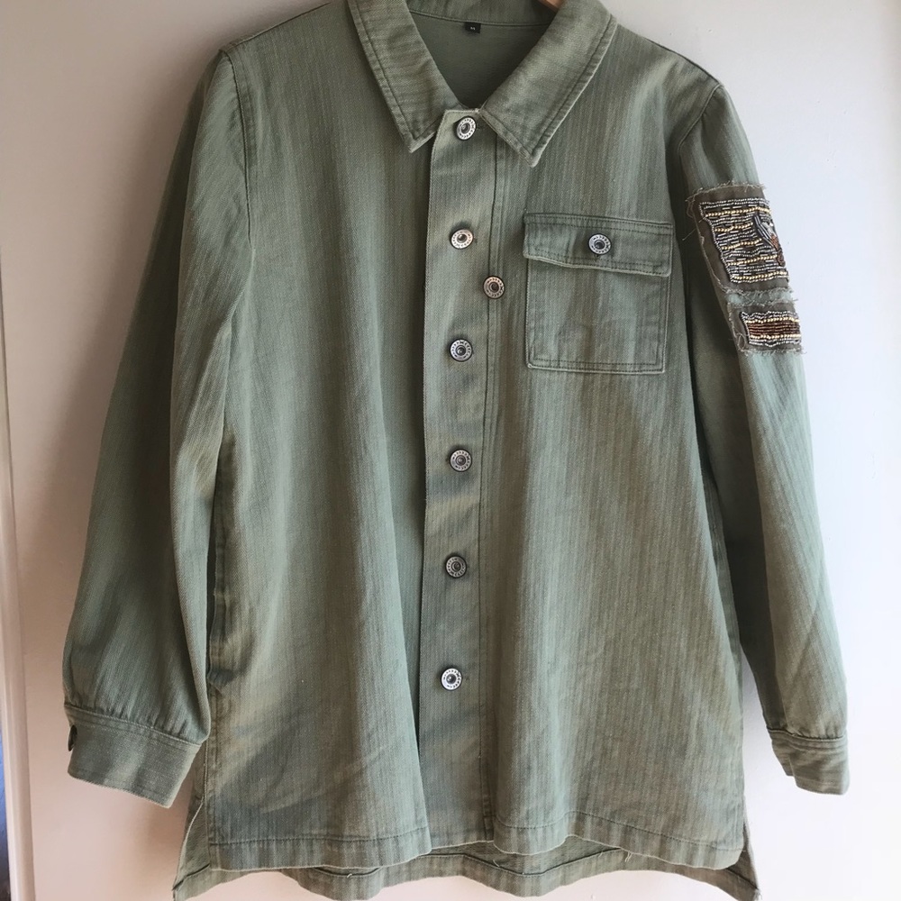 Military Style Beaded Patch Utility Shirt Jacket